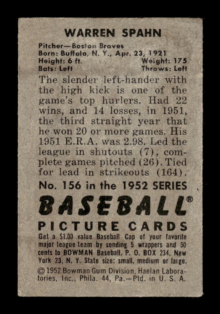 0005 - 1952 Bowman #156 Warren Spahn Boston Braves VG 10012792