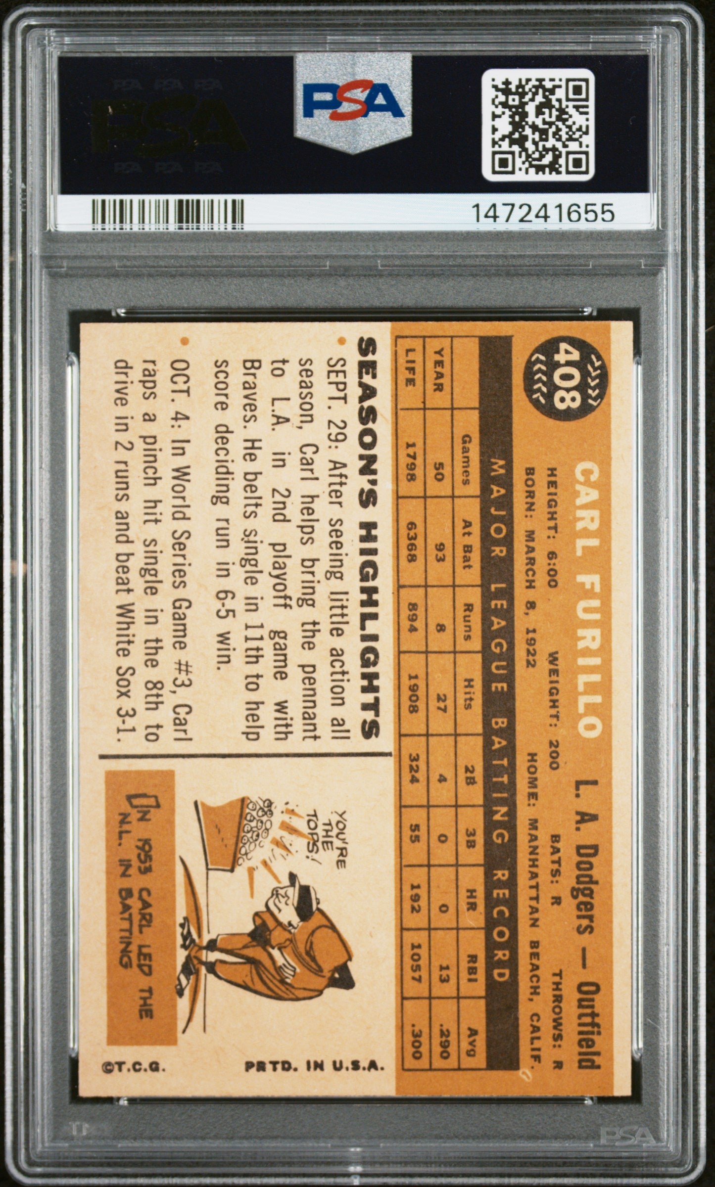 1960 Topps #408 Carl Furillo PSA 7 SN 147241655