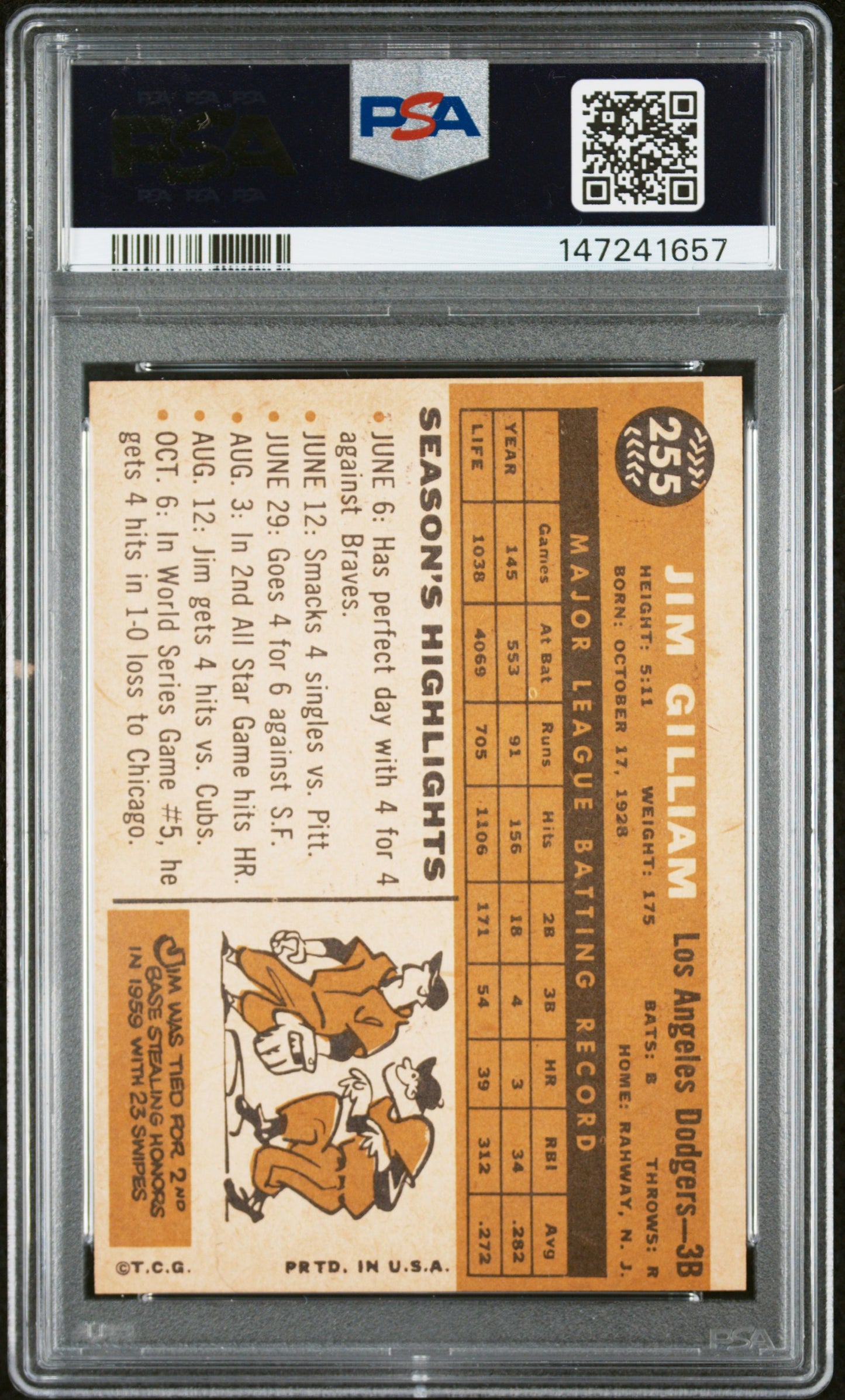 1960 Topps #255 Jim Gilliam PSA 7 SN 147241657
