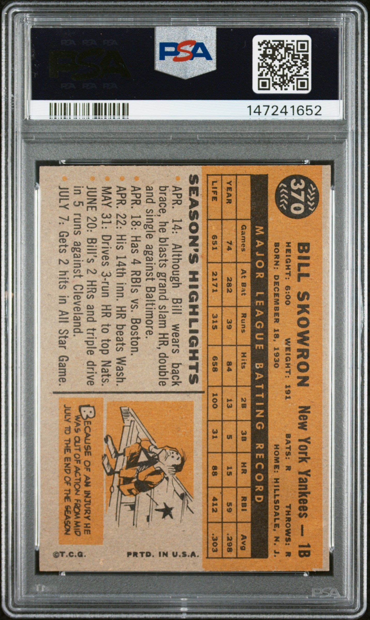 1960 Topps #370 Bill Skowron PSA 4 SN 147241652