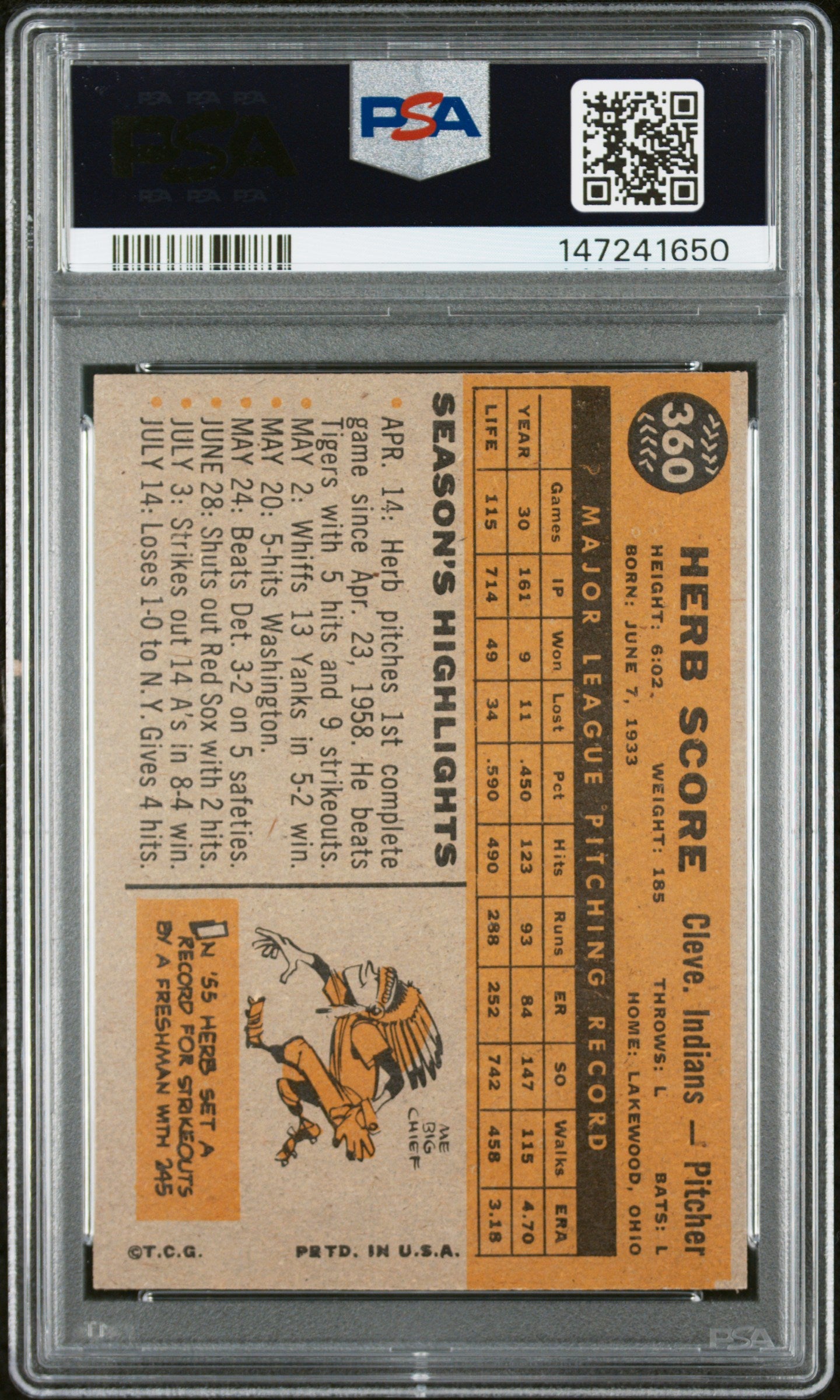 1960 Topps #360 Herb Score PSA 7 SN 147241650