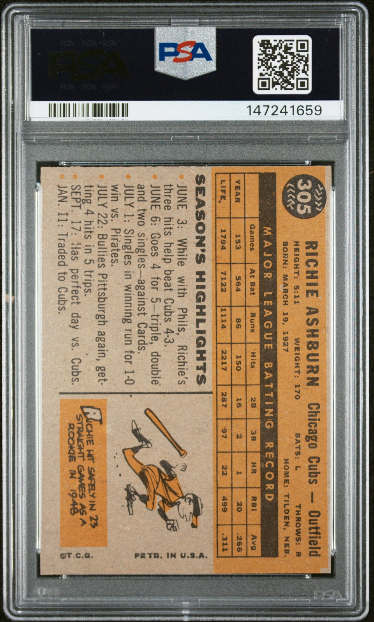 1960 Topps #305 Richie Ashburn PSA 6 SN 147241659