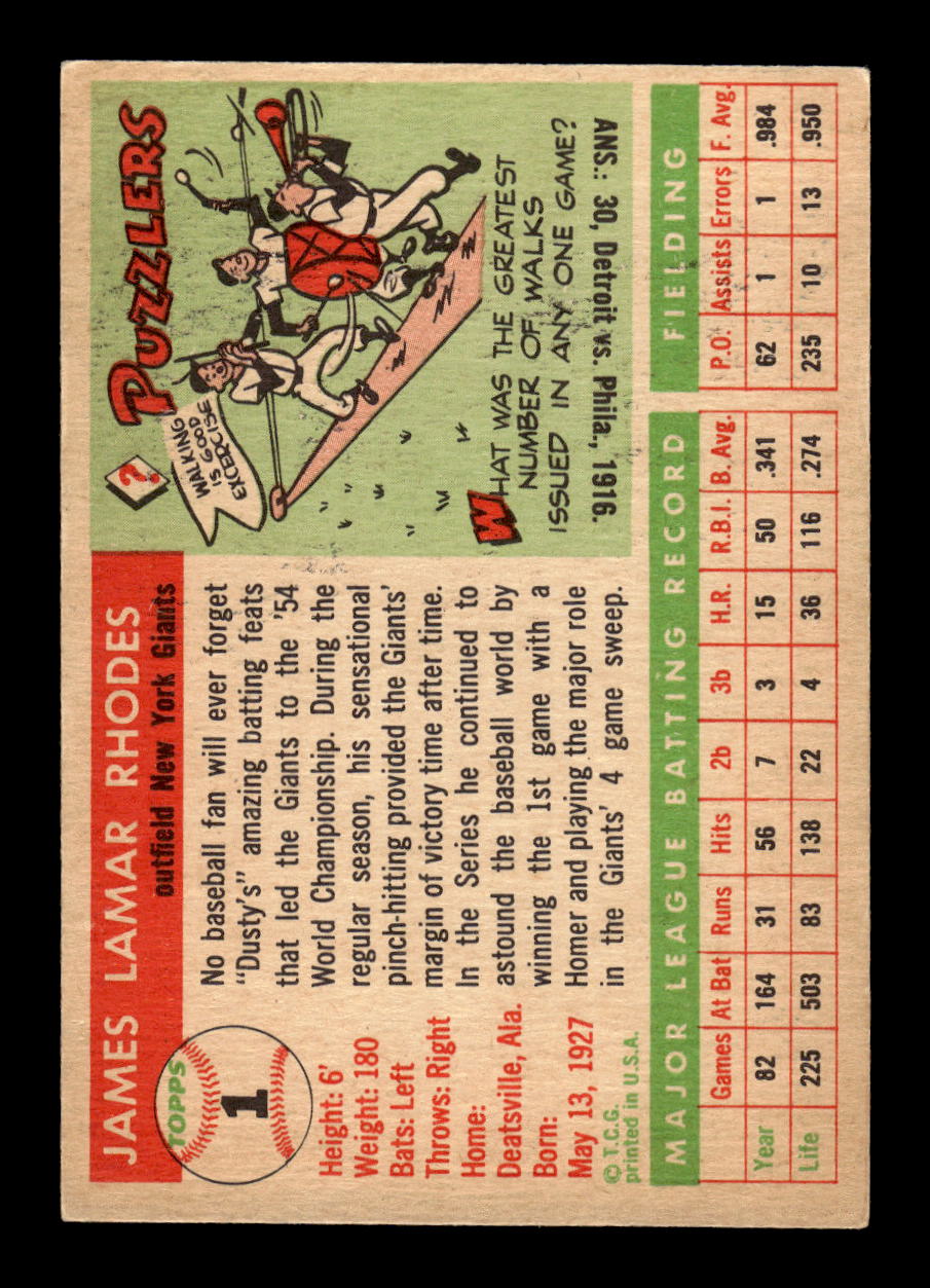 1955 Topps #1 Dusty Rhodes New York Giants EX 10012814