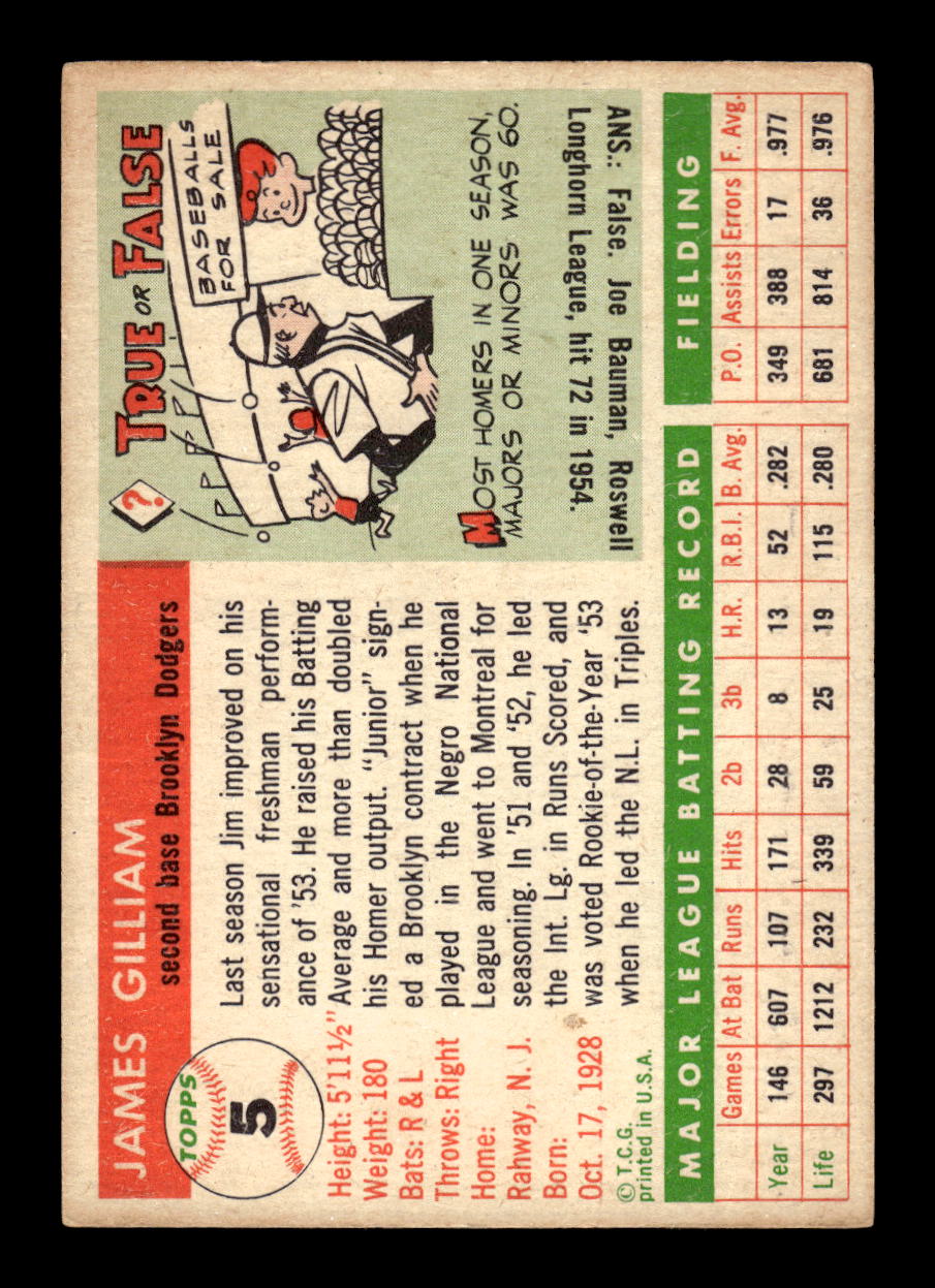 1955 Topps #5 Jim Gilliam Brooklyn Dodgers EX 10012816