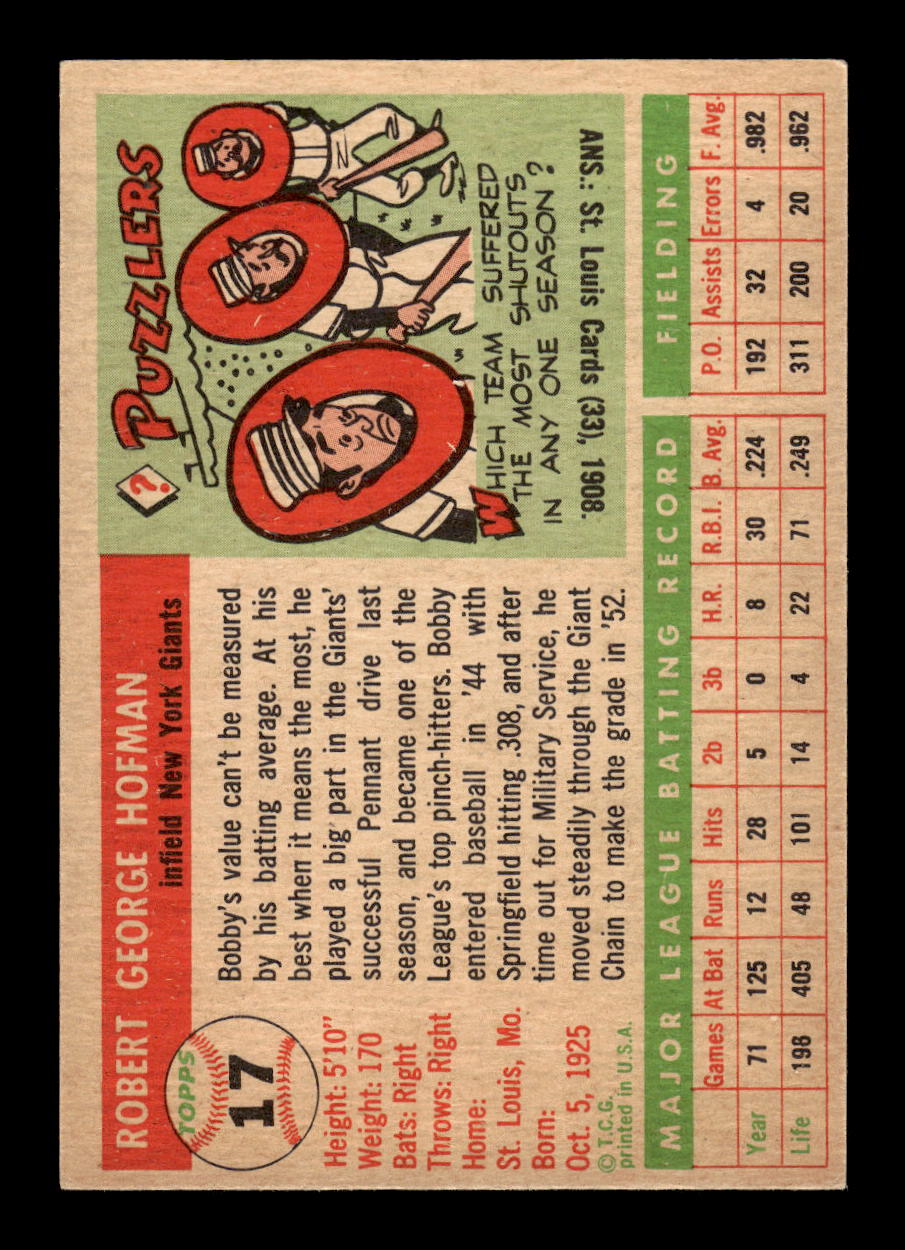 1955 Topps #17 Bobby Hofman New York Giants EX 10012822