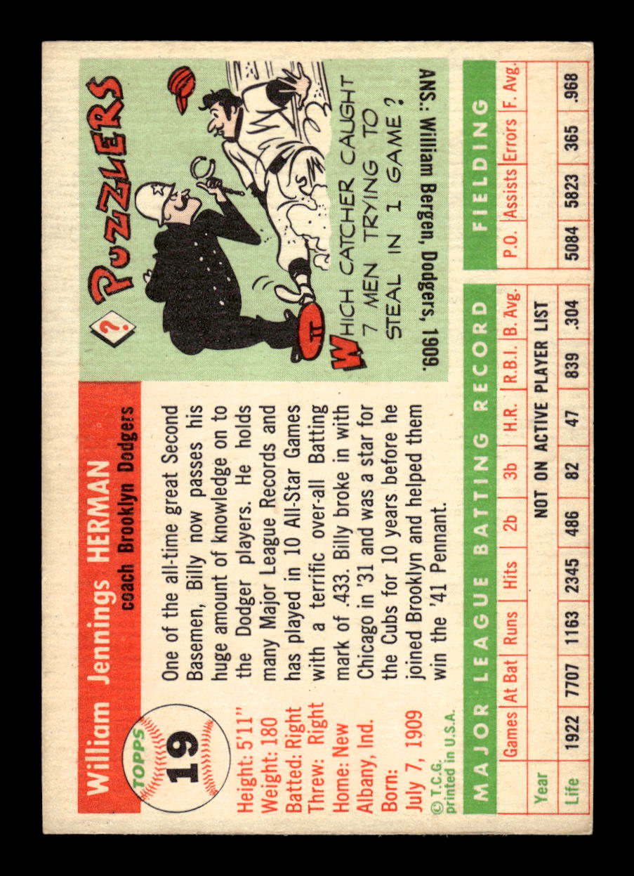 1955 Topps #19 Billy Herman Brooklyn Dodgers EX 10012824