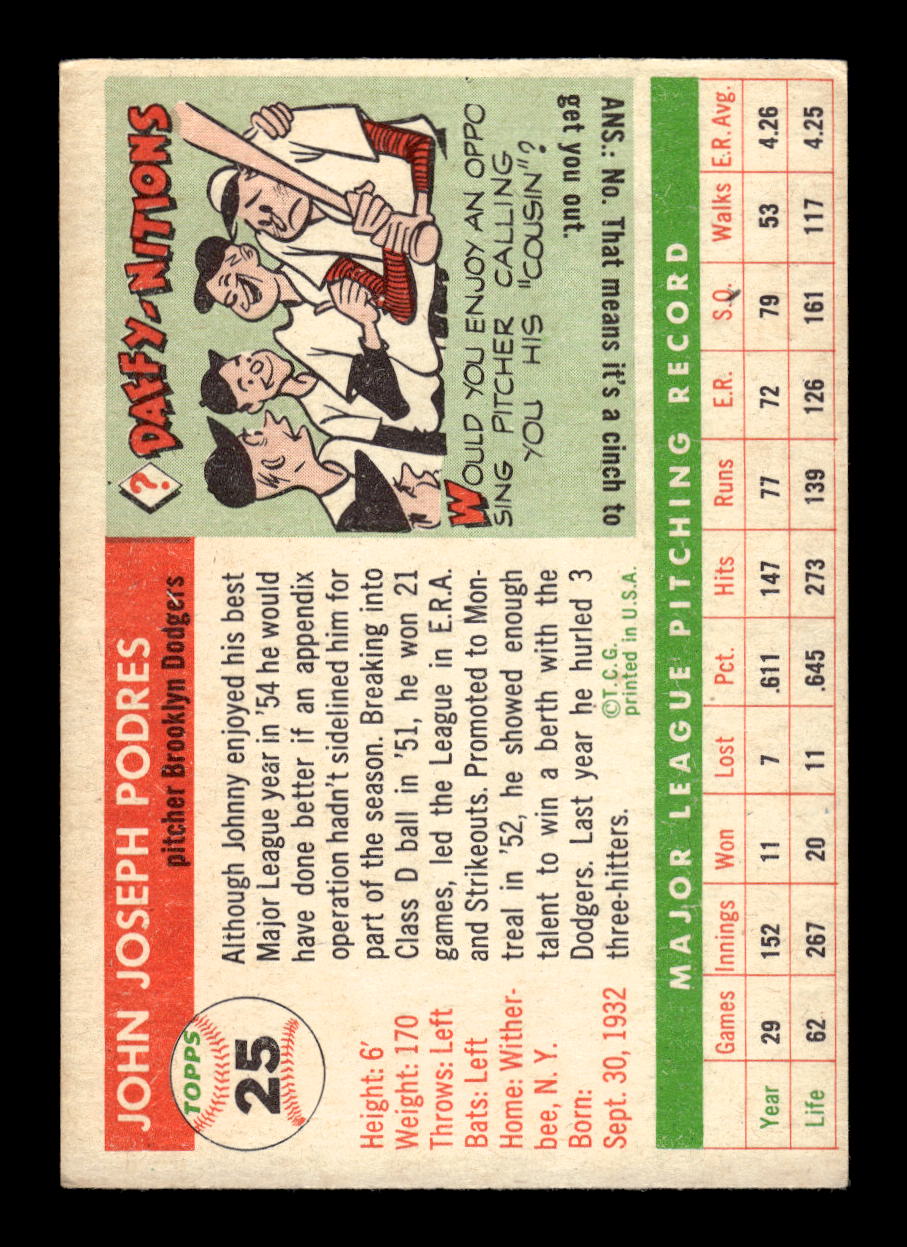 1955 Topps #25 Johnny Podres Brooklyn Dodgers EX 10012827