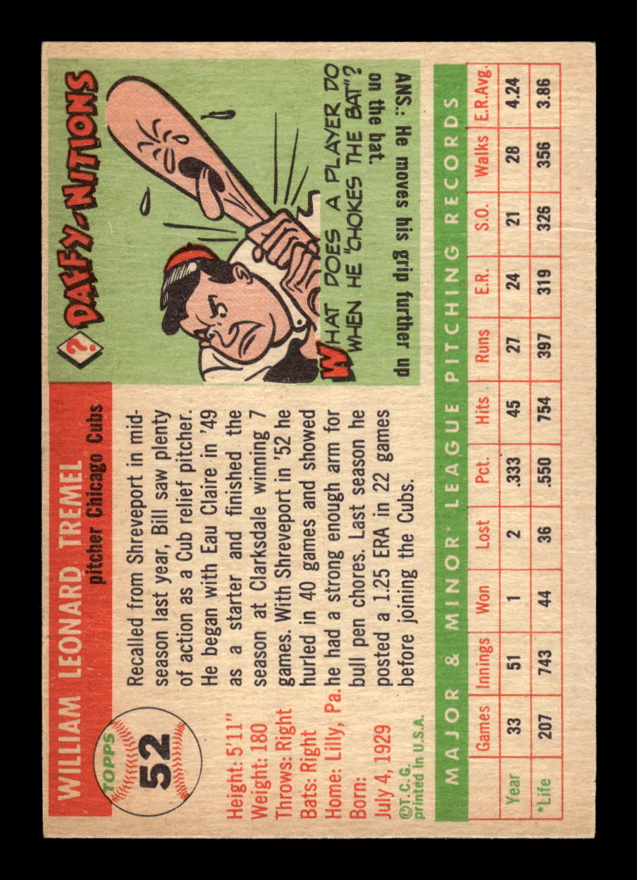 1955 Topps #52 Bill Tremel Chicago Cubs EX 10012841