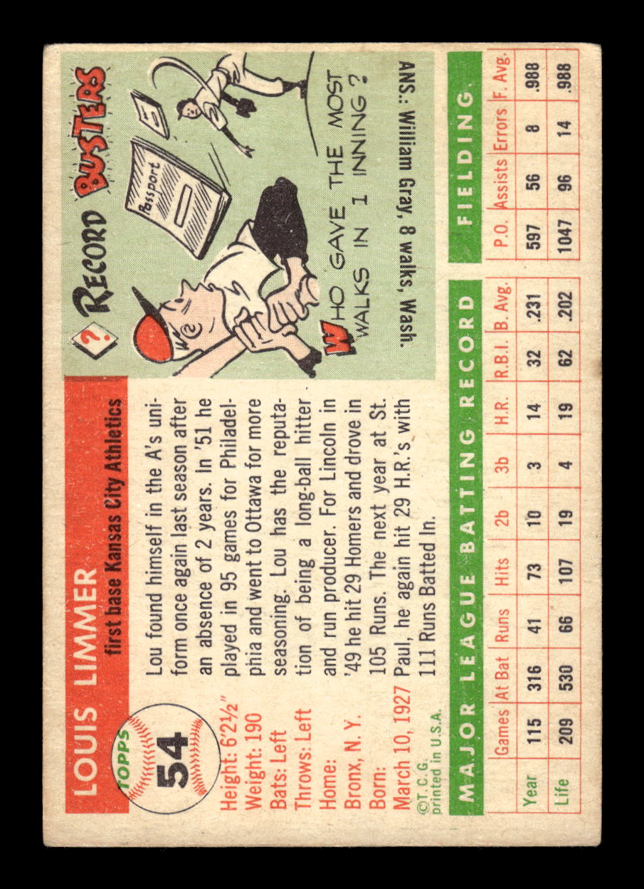1955 Topps #54 Lou Limmer Kansas City Athletics EX 10012842