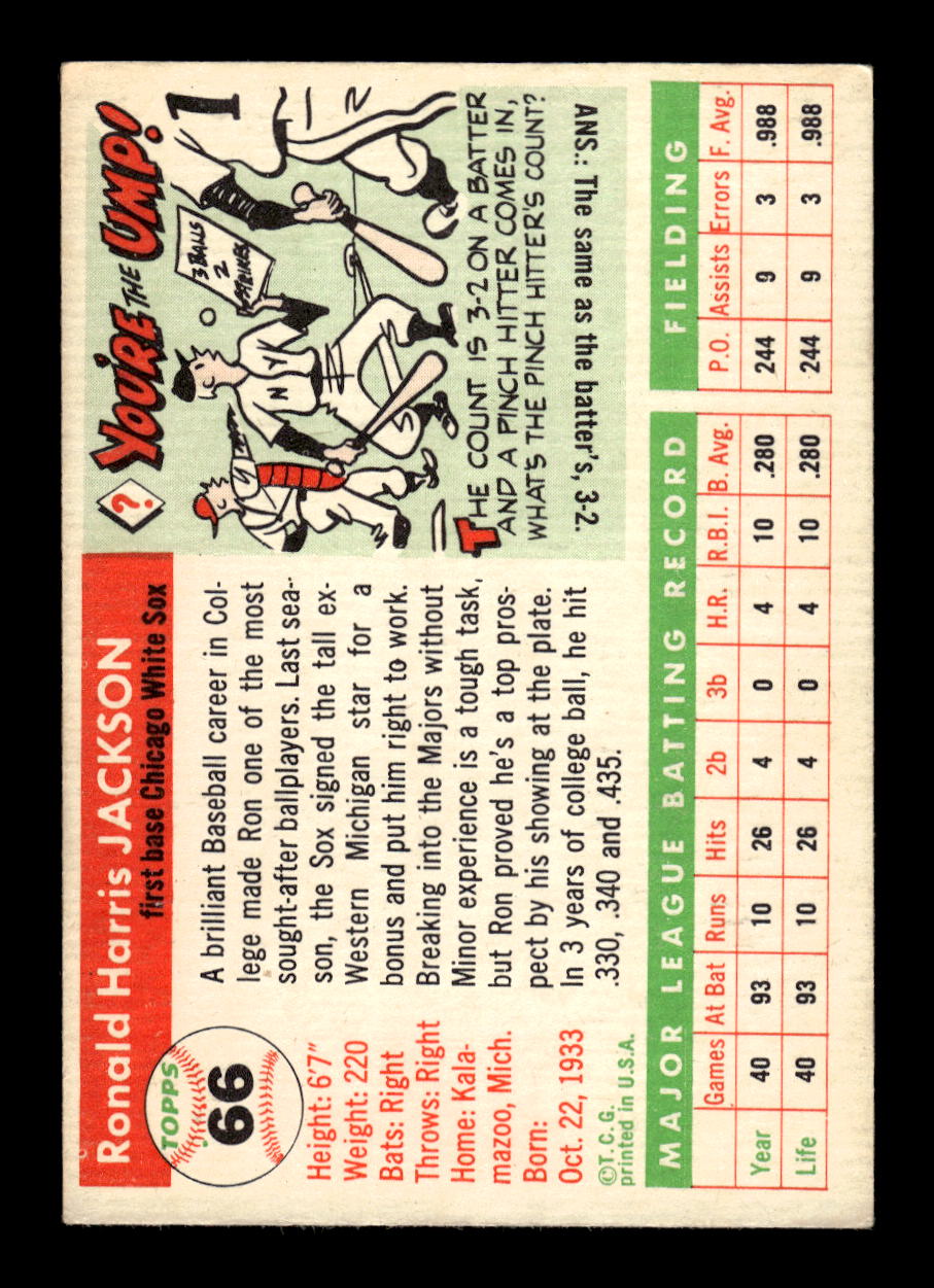 1955 Topps #66 Ron Jackson Chicago White Sox EX 10012850