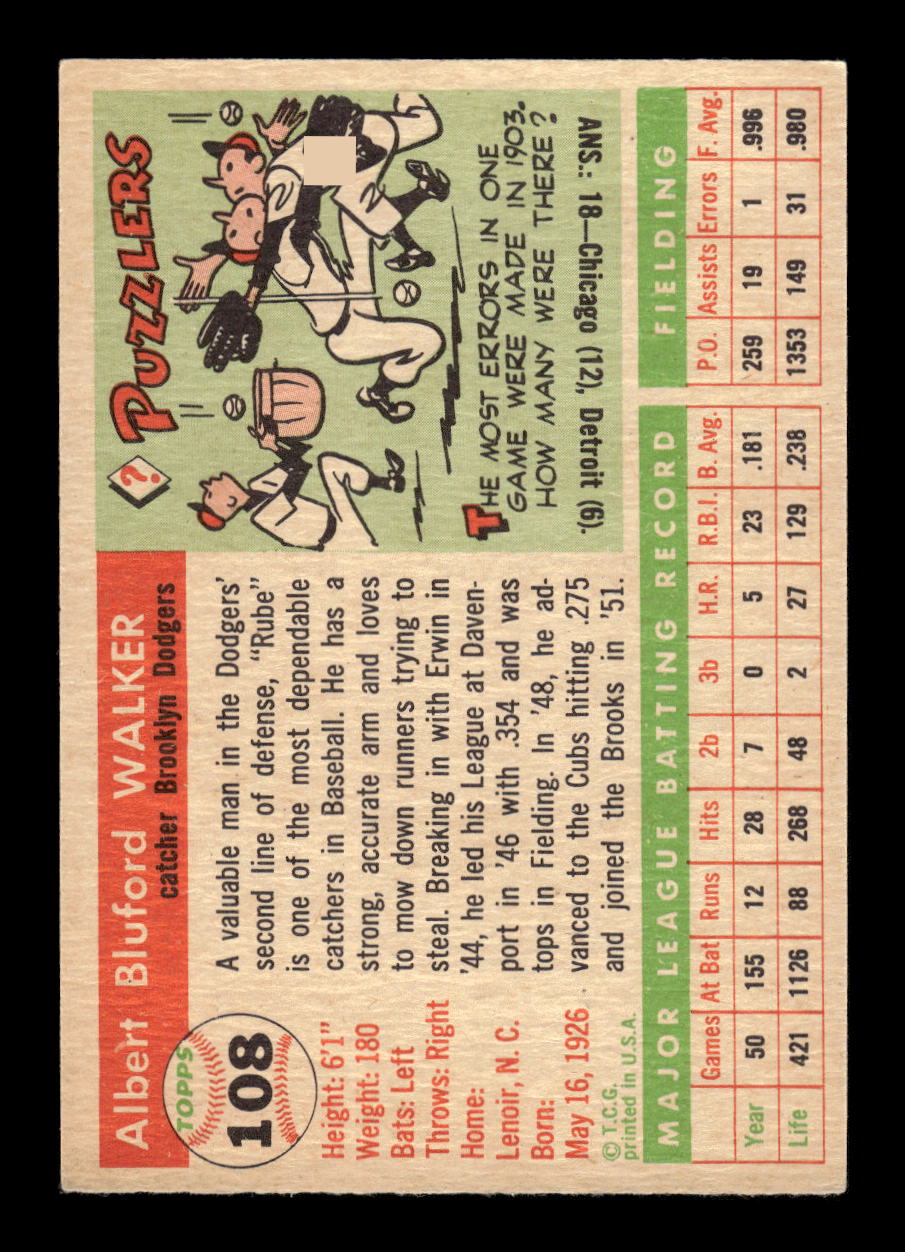 1955 Topps #108 "Rube" Walker Brooklyn Dodgers EX 10012871