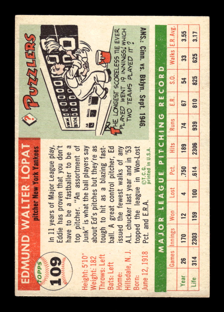 1955 Topps #109 Ed Lopat New York Yankees EX 10012872