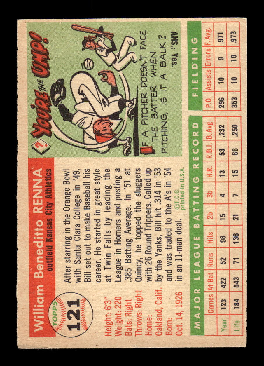 1955 Topps #121 Bill Renna Kansas City Athletics EX 10012878