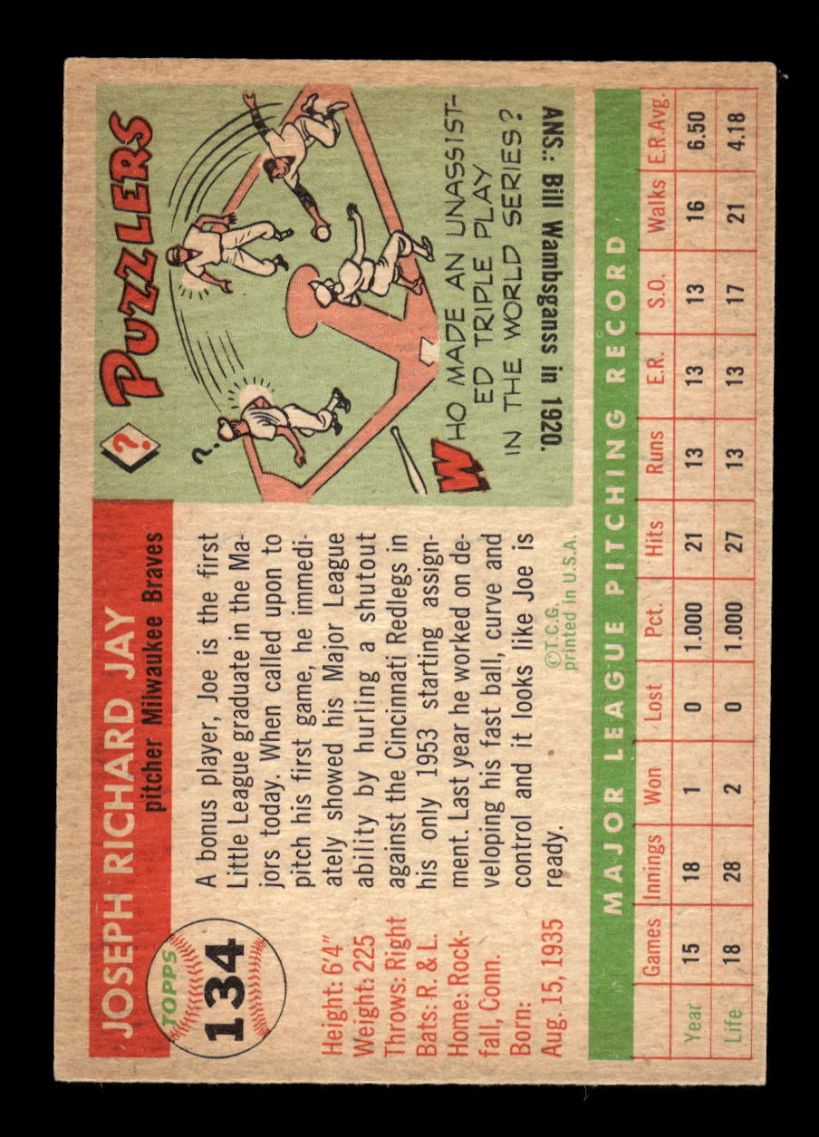 1955 Topps #134 Joe Jay Milwaukee Braves EX 10012886