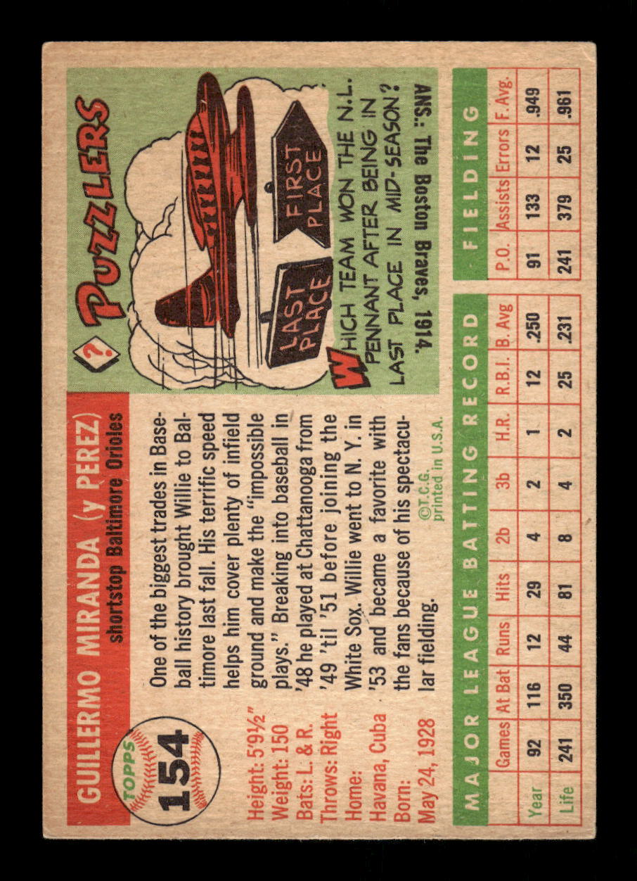 1955 Topps #154 Willie Miranda Baltimore Orioles EX 10012894