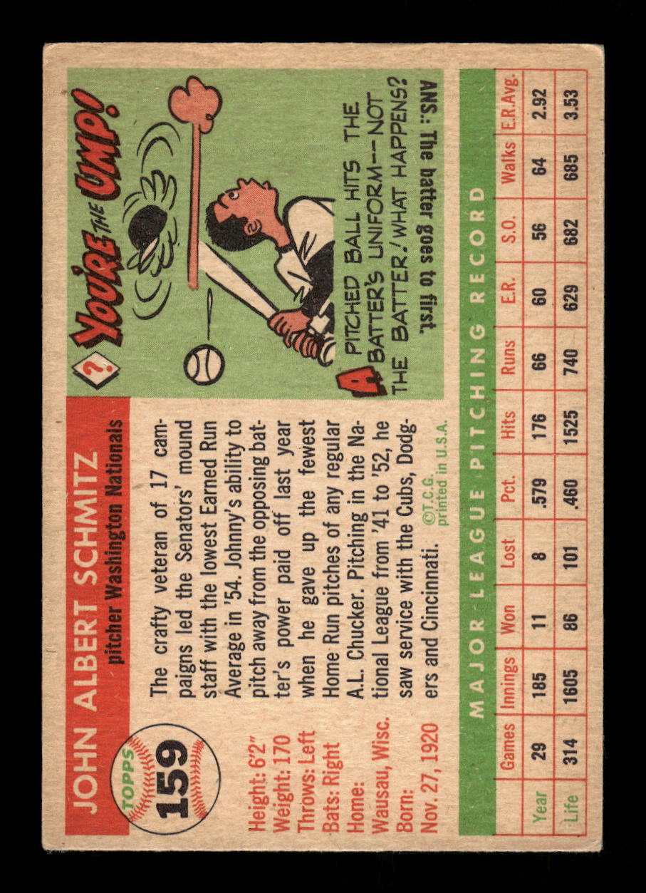 1955 Topps #159 Johnny Schmitz Washington Senators EX 10012897