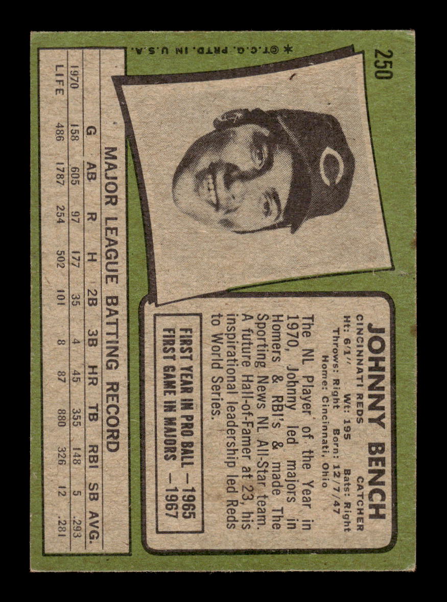 1971 Topps #250 Johnny Bench Cincinnati Reds EX 10012905