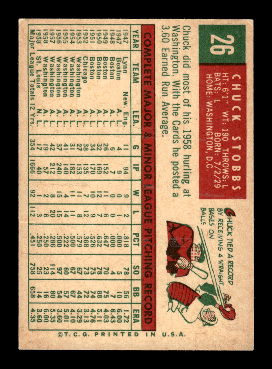 1959 Topps #26 Chuck Stobbs St. Louis Cardinals EXMT 10012919