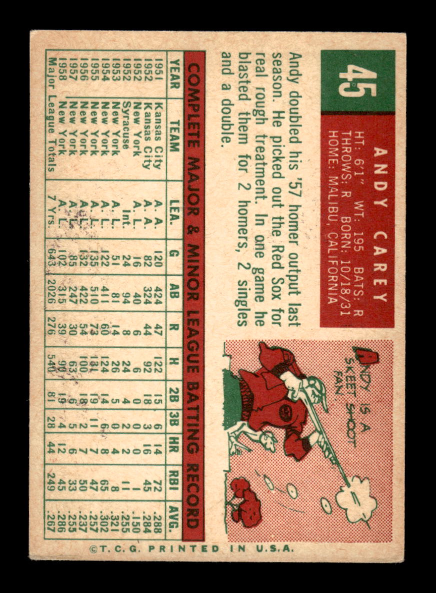 1959 Topps #45 Andy Carey New York Yankees EXMT 10012924