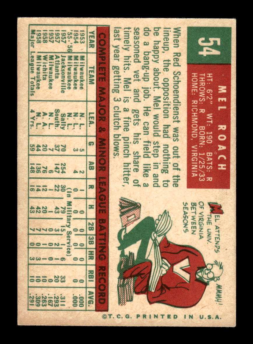 1959 Topps #54 Mel Roach Milwaukee Braves EXMT 10012927