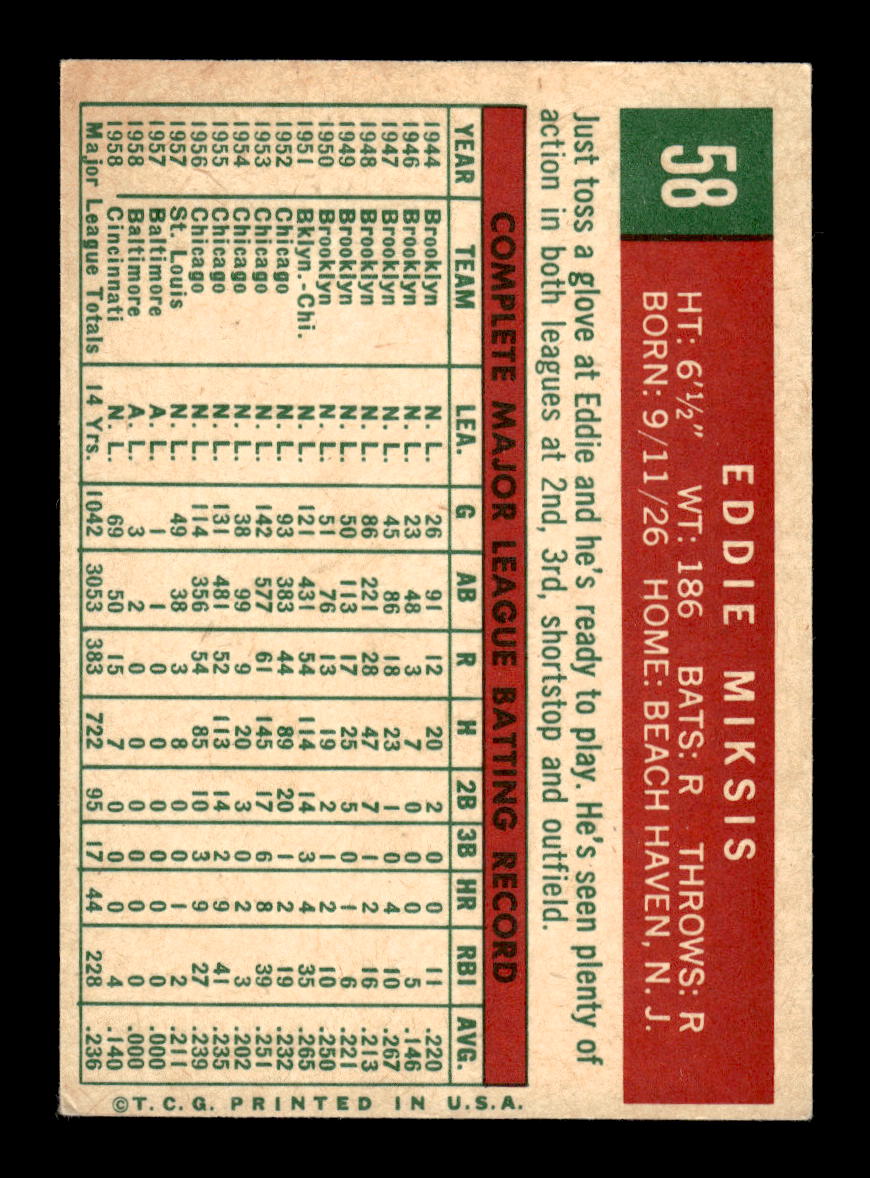 1959 Topps #58 Eddie Miksis Cincinnati Redlegs EXMT 10012929