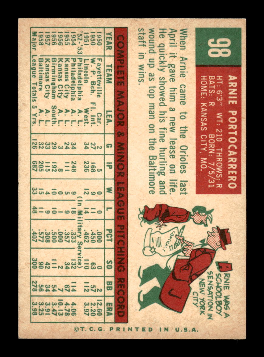 1959 Topps #98 Arnie Portocarrero Baltimore Orioles EXMT 10012942