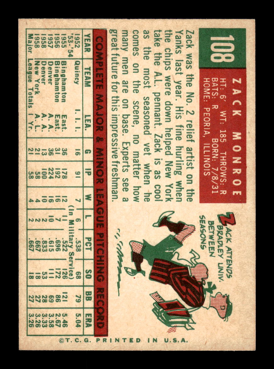 1959 Topps #108 Zack Monroe New York Yankees EXMT 10012945