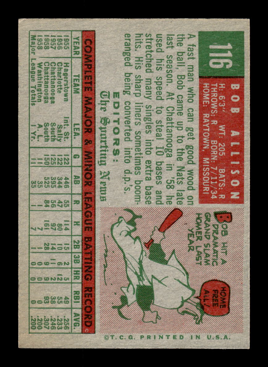 1959 Topps #116 Bob Allison Washington Senators EXMT 10012947