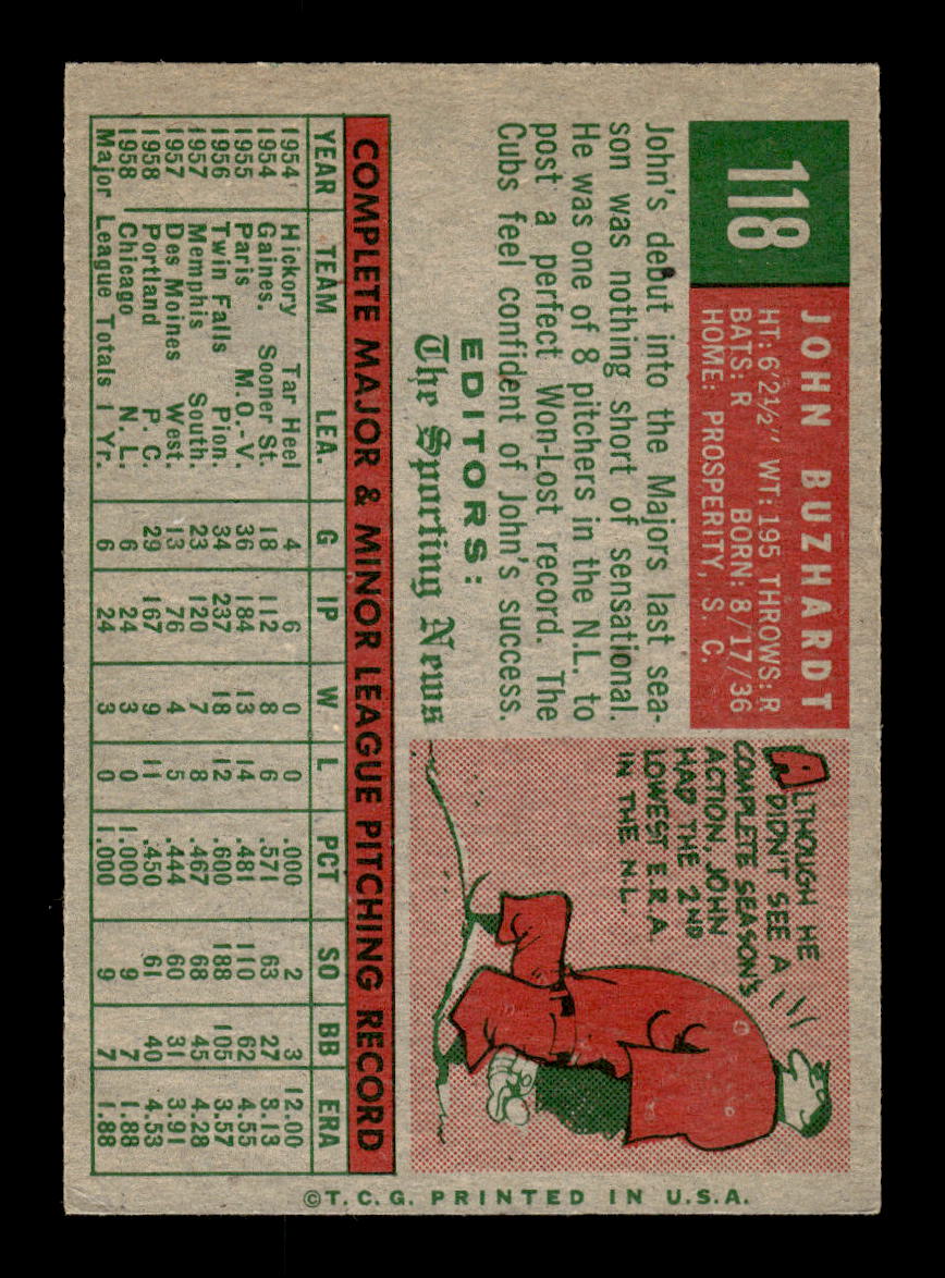 1959 Topps #118 John Buzhardt Chicago Cubs EXMT 10012949