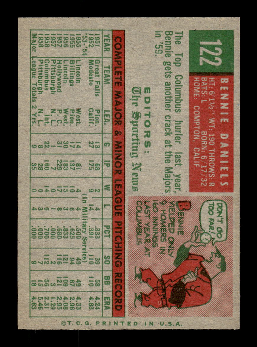 1959 Topps #122 Bennie Daniels Pittsburgh Pirates EXMT 10012952
