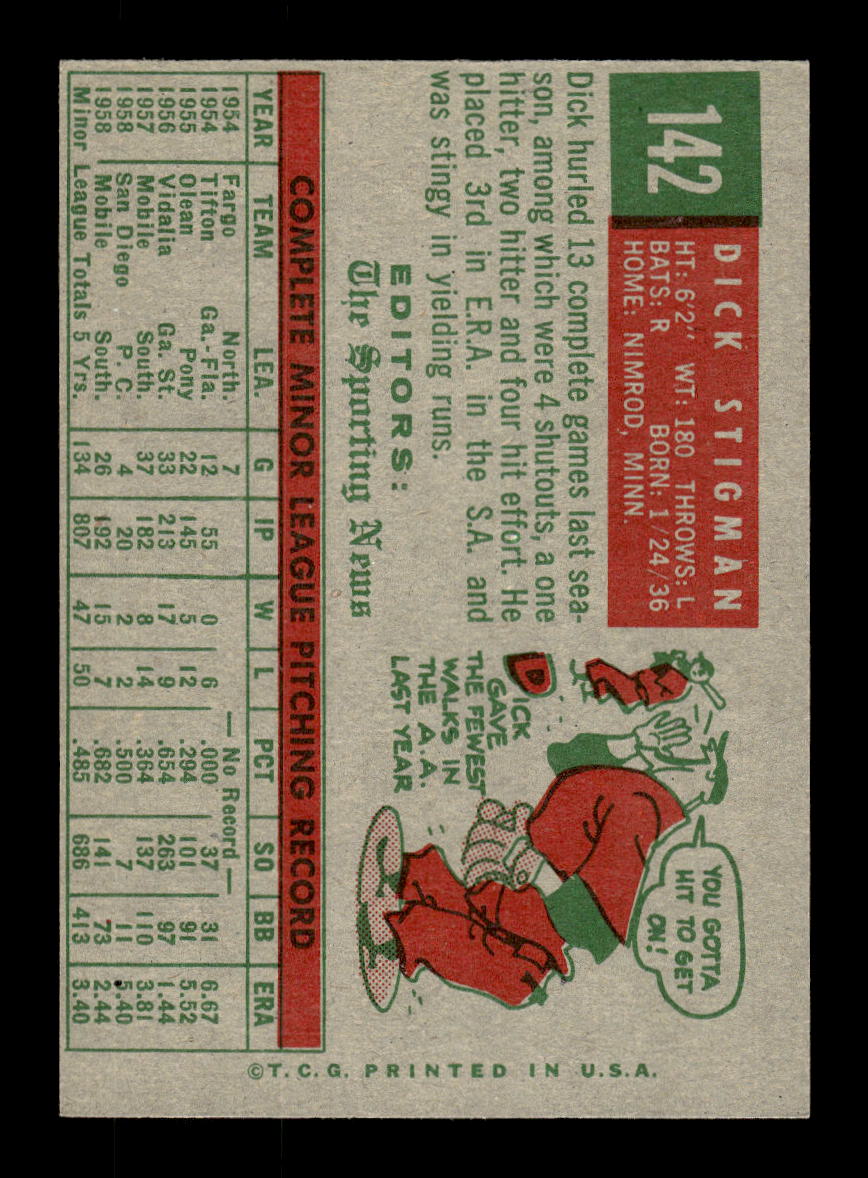 1959 Topps #142 Dick Stigman Cleveland Indians EXMT 10012962