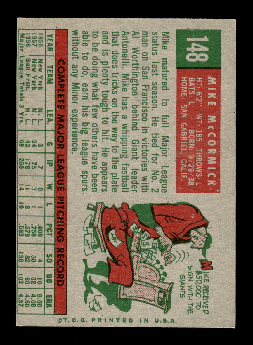 1959 Topps #148 Mike McCormick San Francisco Giants EXMT 10012966