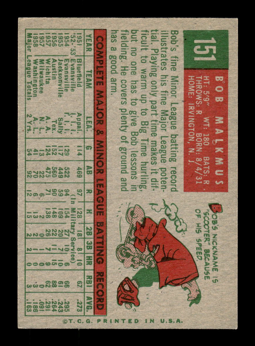 1959 Topps #151 Bob Malkmus Washington Senators EXMT 10012967
