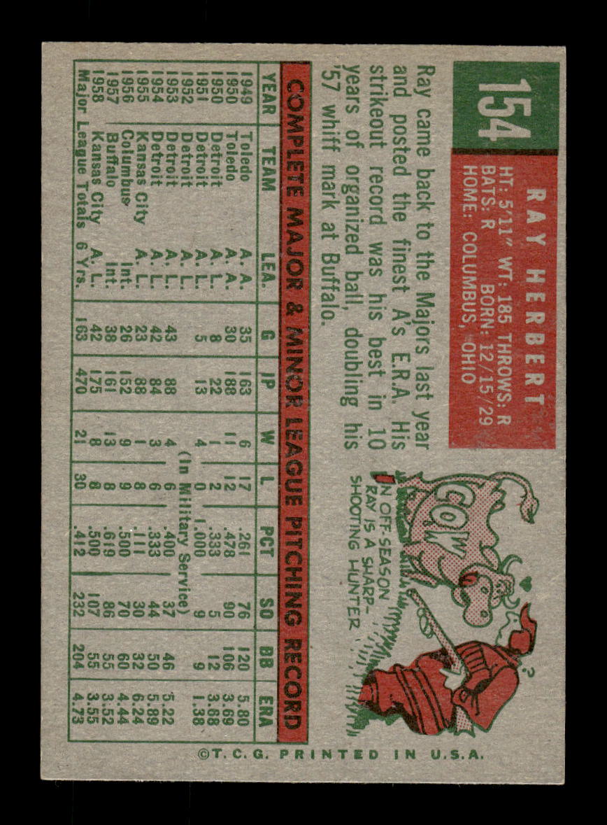 1959 Topps #154 Ray Herbert Kansas City Athletics EXMT 10012969