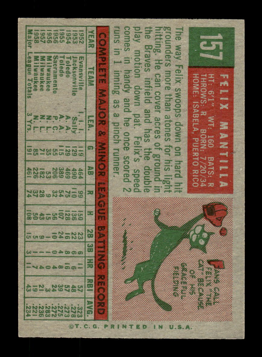 1959 Topps #157 Felix Mantilla Milwaukee Braves EXMT 10012970