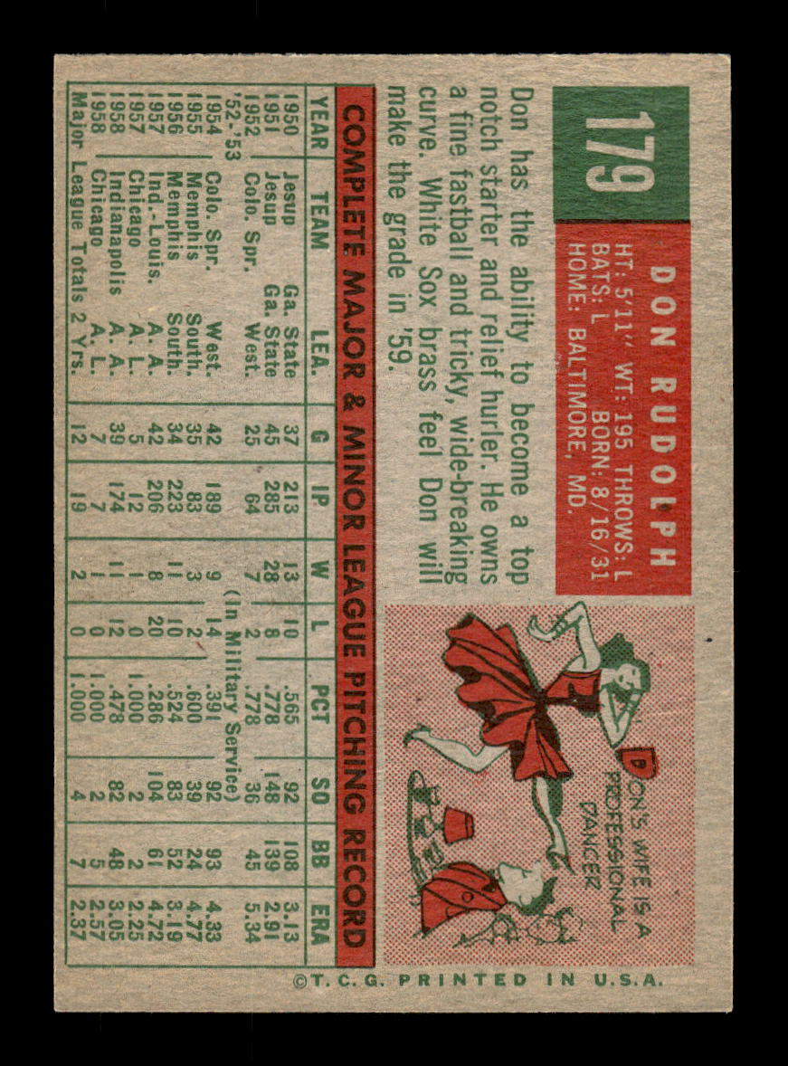 1959 Topps #179 Don Rudolph Chicago White Sox EXMT 10012978