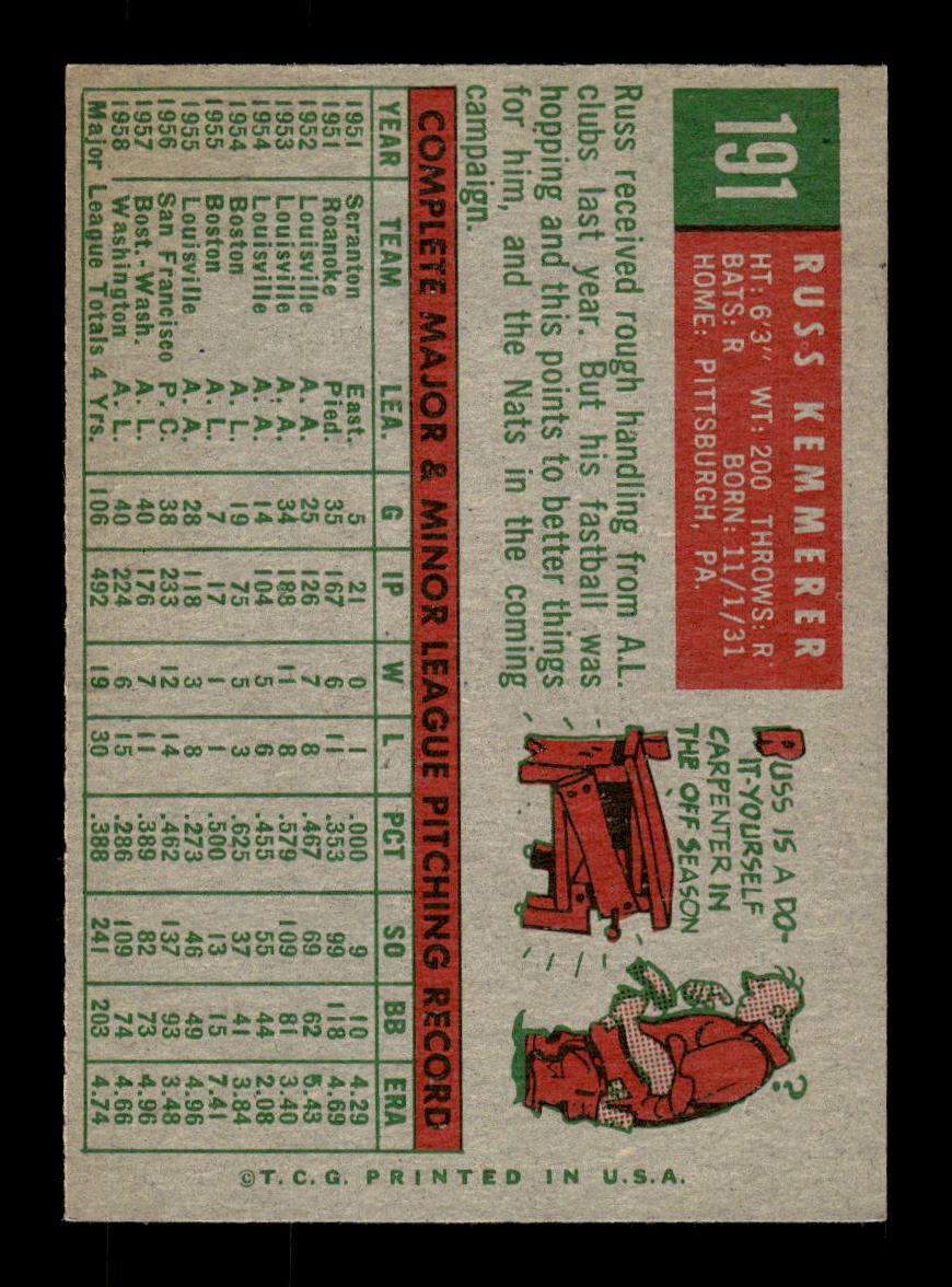 1959 Topps #191 Russ Kemmerer Washington Senators EXMT 10012981