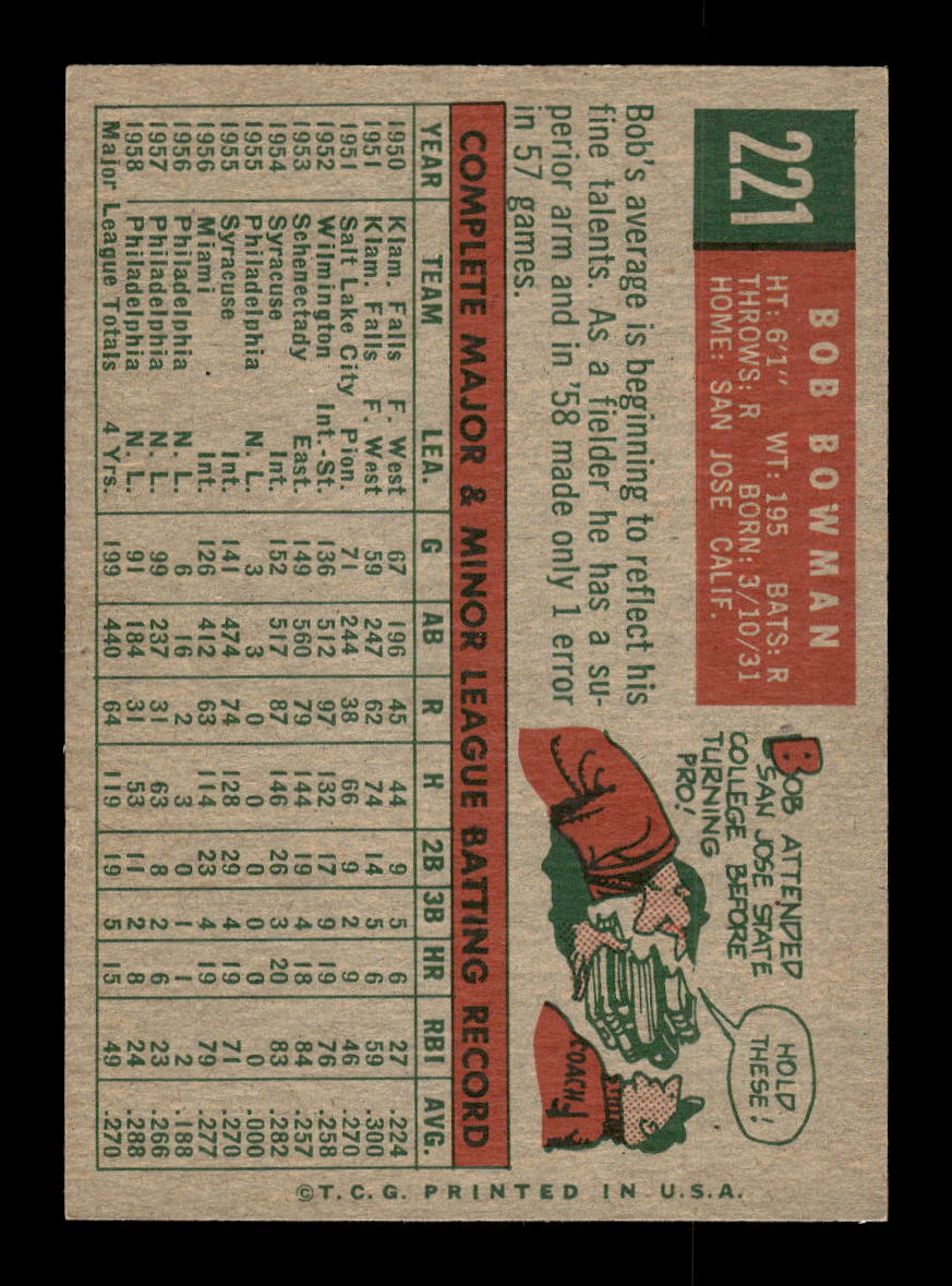 1959 Topps #221b Bob Bowman Philadelphia Phillies EXMT 10012987
