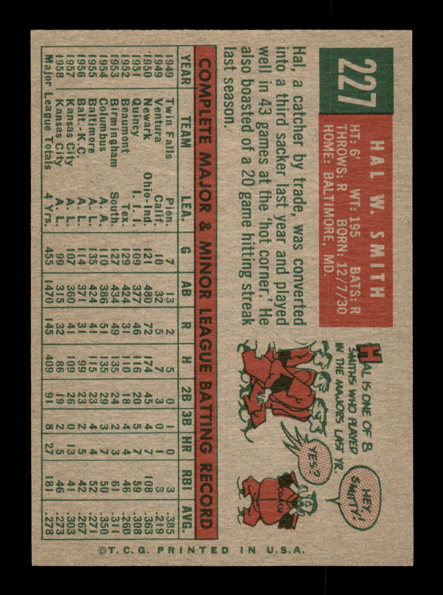 1959 Topps #227b Hal Smith Kansas City Athletics EXMT 10012990