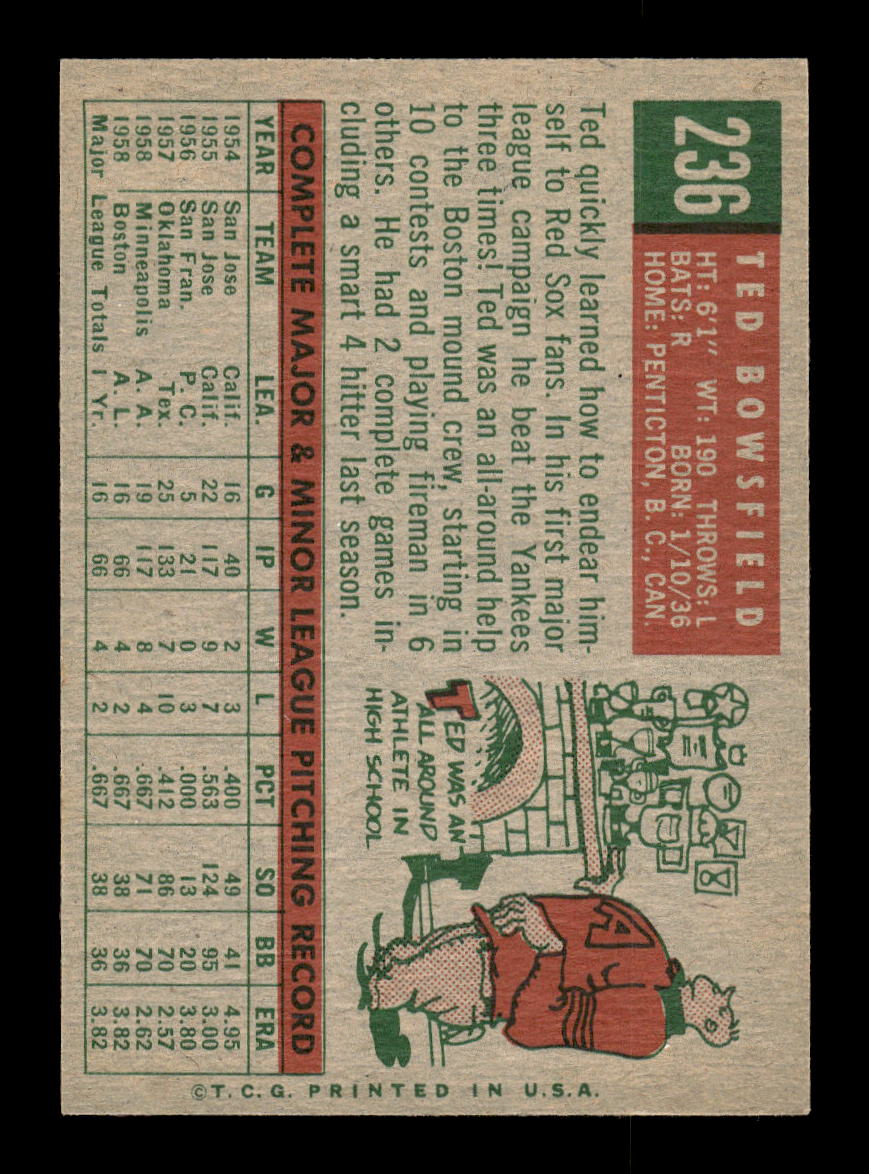 1959 Topps #236a Ted Bowsfield Boston Red Sox EXMT 10012994