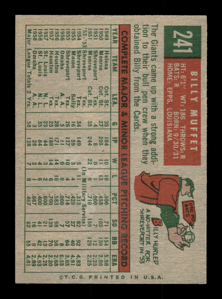 1959 Topps #241b Billy Muffett San Francisco Giants EXMT 10012995
