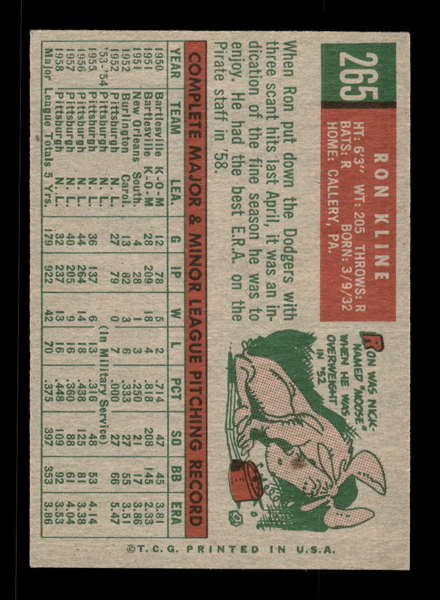 1959 Topps #265b Ron Kline Pittsburgh Pirates EXMT 10013005