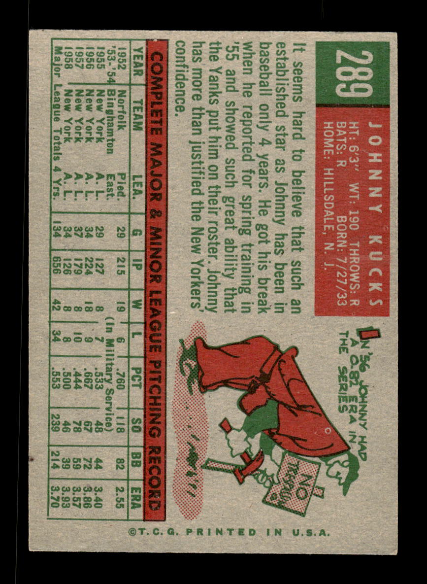 1959 Topps #289 Johnny Kucks New York Yankees EXMT 10013011