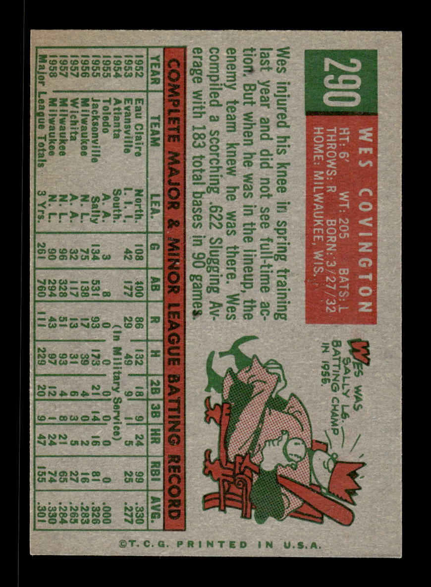 1959 Topps #290 Wes Covington Milwaukee Braves EXMT 10013012