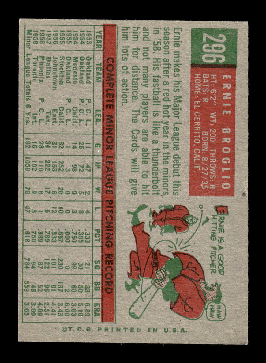 1959 Topps #296 Ernie Broglio St. Louis Cardinals EXMT 10013016