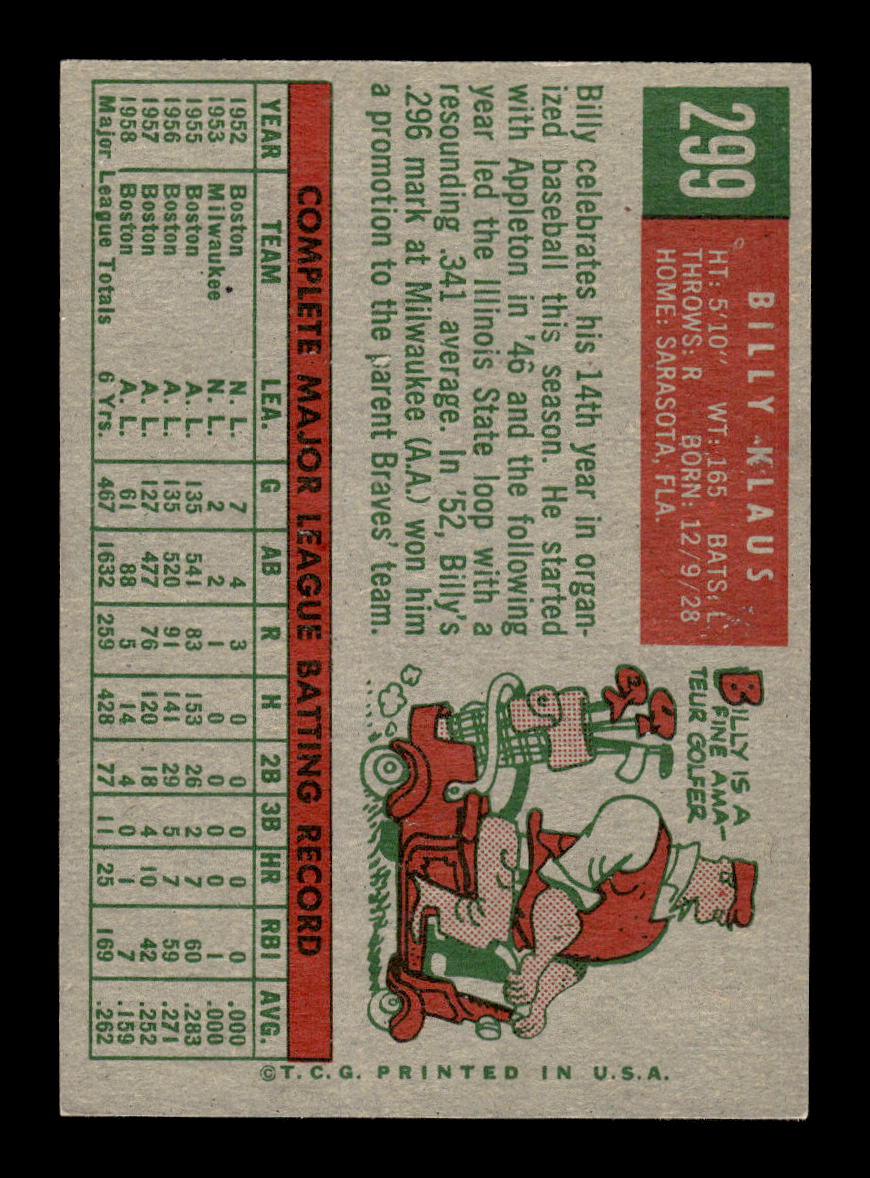 1959 Topps #299 Billy Klaus Baltimore Orioles EXMT 10013017