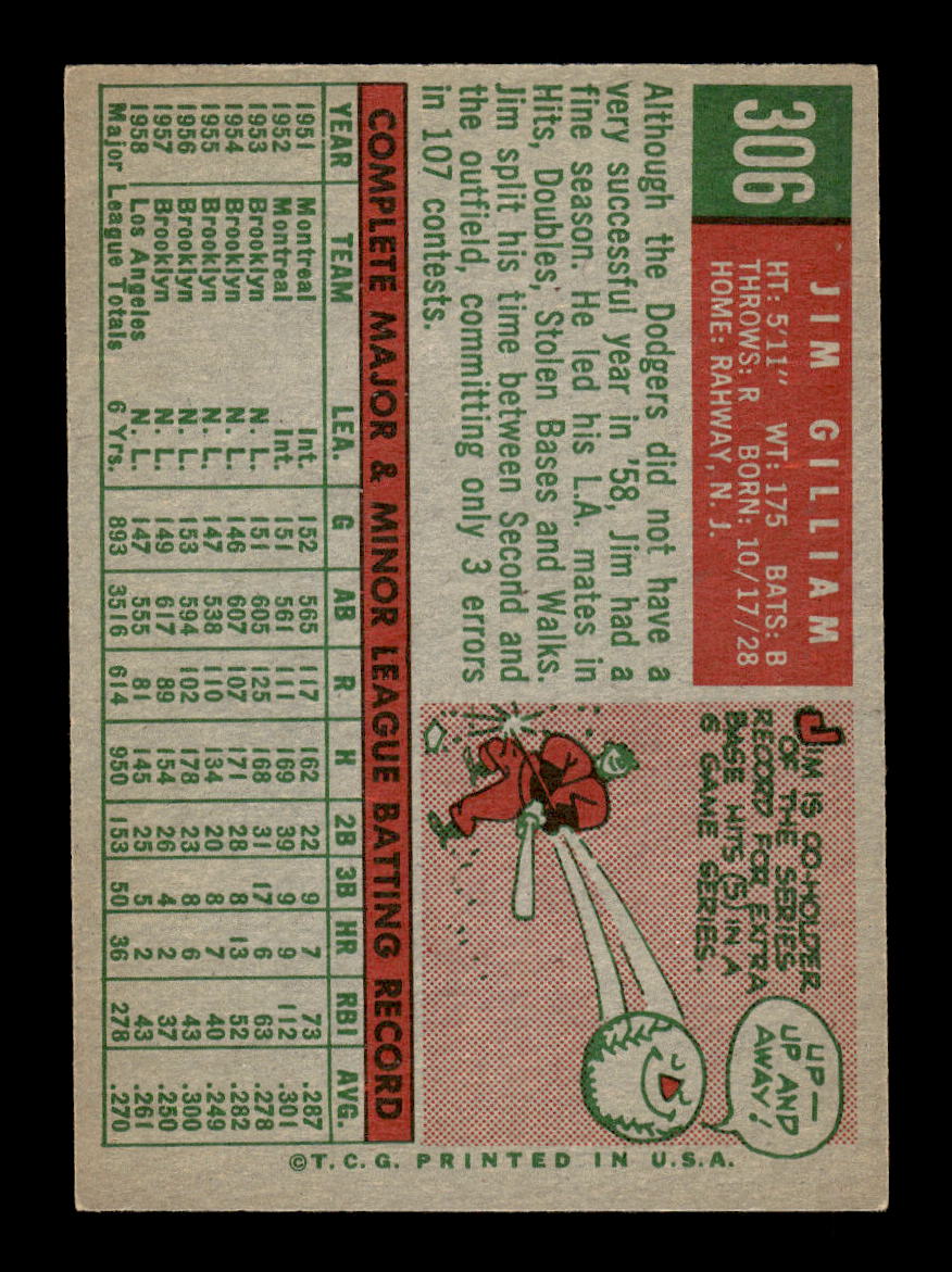 1959 Topps #306 Jim Gilliam Los Angeles Dodgers EXMT 10013020