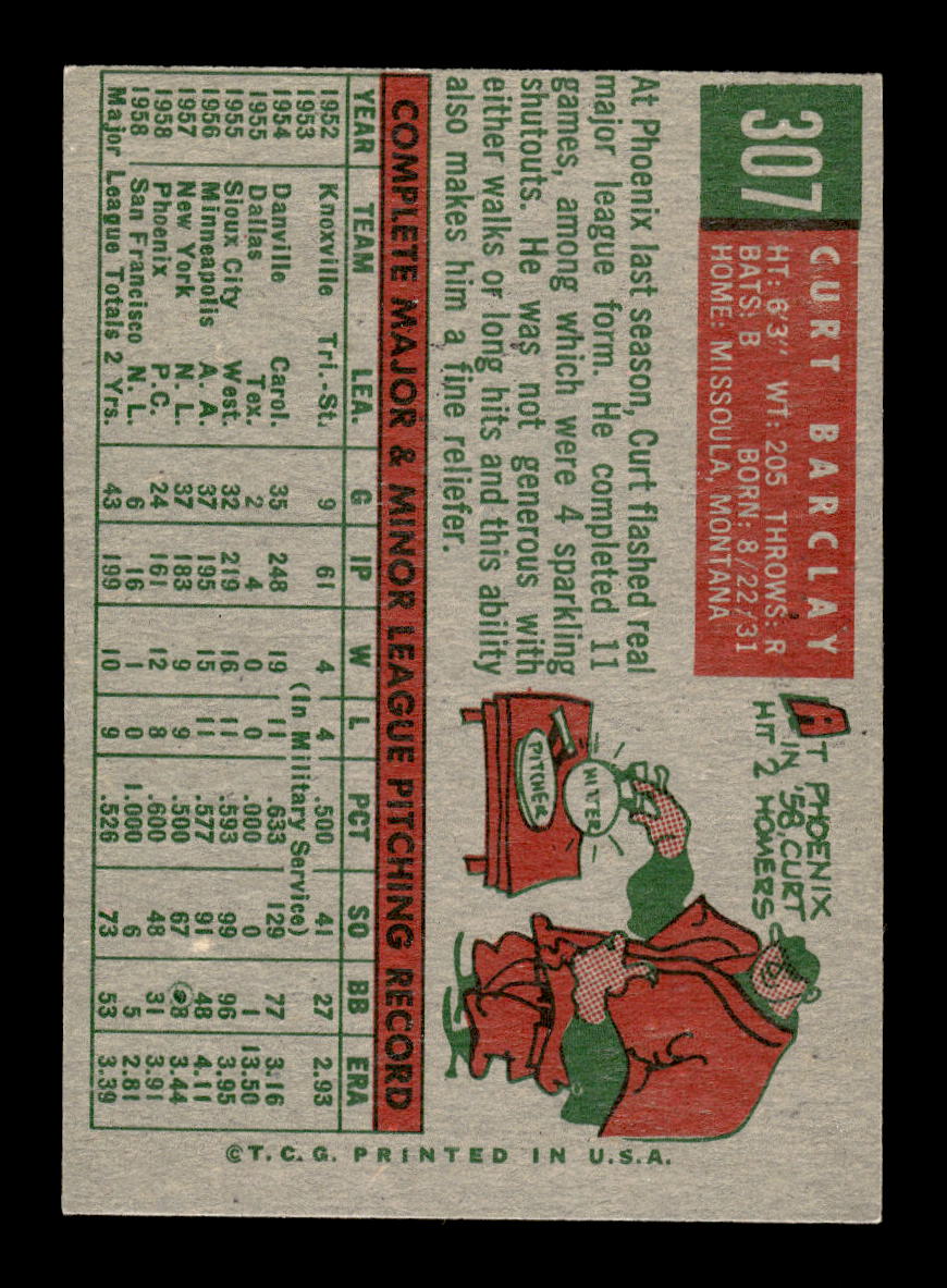 1959 Topps #307 Curt Barclay San Francisco Giants EXMT 10013021