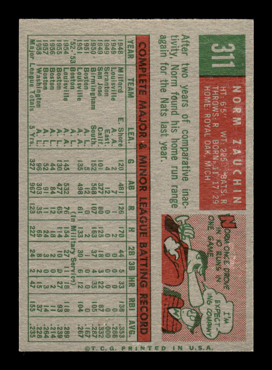 1959 Topps #311 Norm Zauchin Washington Senators EXMT 10013024