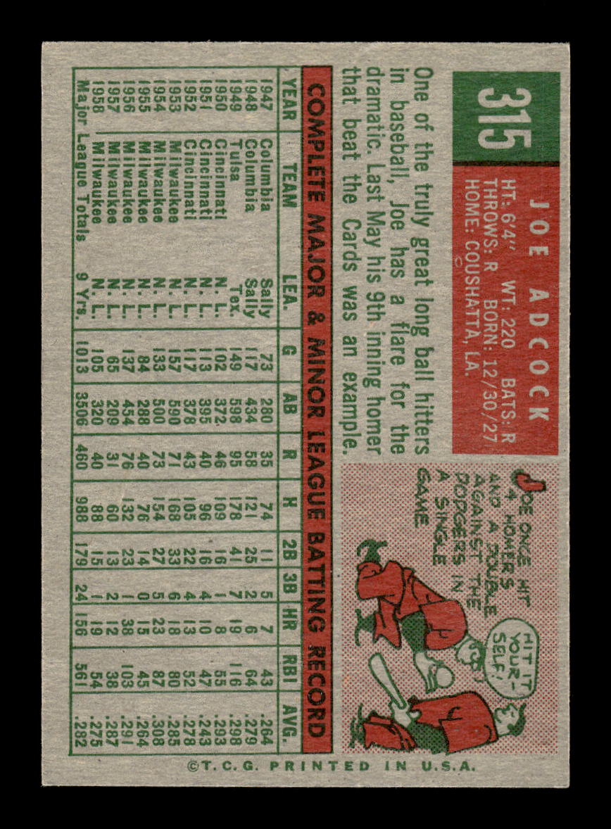1959 Topps #315 Joe Adcock Milwaukee Braves EXMT 10013025